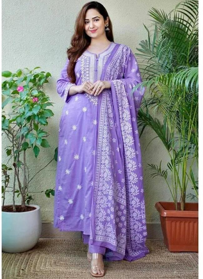 Cotton Purple Traditional Wear Embroidery Work Readymade Straight Suit